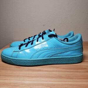 Puma Kids 7C Basket Case Jr Low Sneakers Patent Aqua Blue Black Laces Streetwear